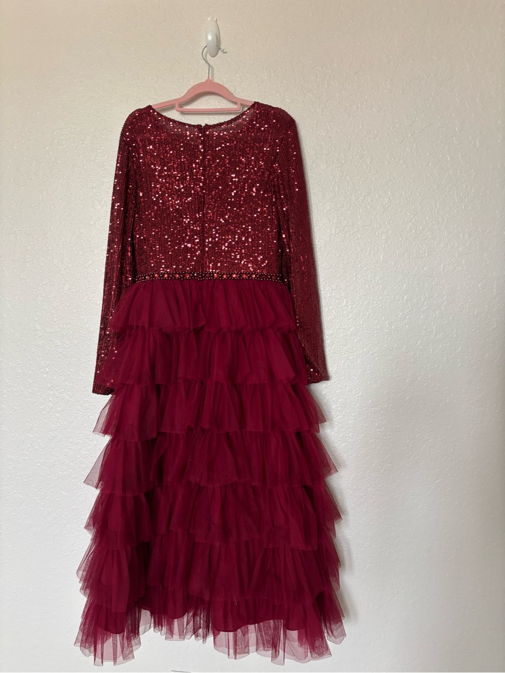 IEENA for Mac Duggal Style 26299 Burgundy Sequin Bodice Tiered Tulle Midi Dress - Picture 6 of 16